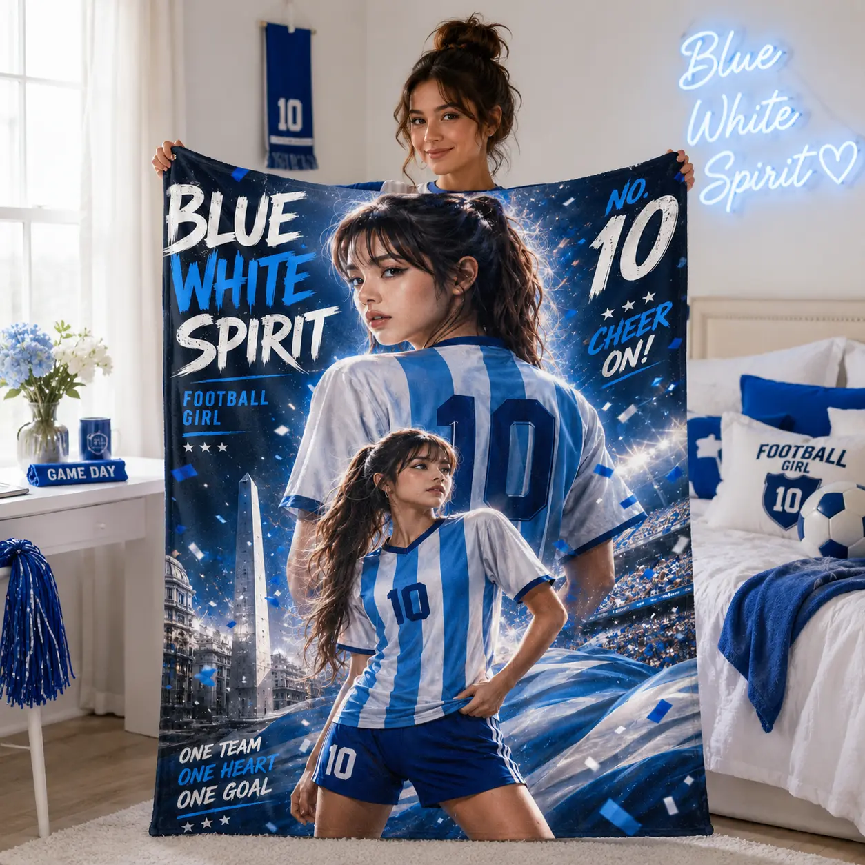 Blue White Spirit Soccer Girl Blanket Football Fan Cozy Throw Stadium Aesthetic Plush Fleece Blanket for Bedroom Couch Game Day Gift