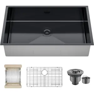 32 Inch Undermount Kitchen Sink, 32x19x8" Single Bowl Stainless Steel Handmade 16 Gauge Under Counter Kitchen Sink Basin Black
