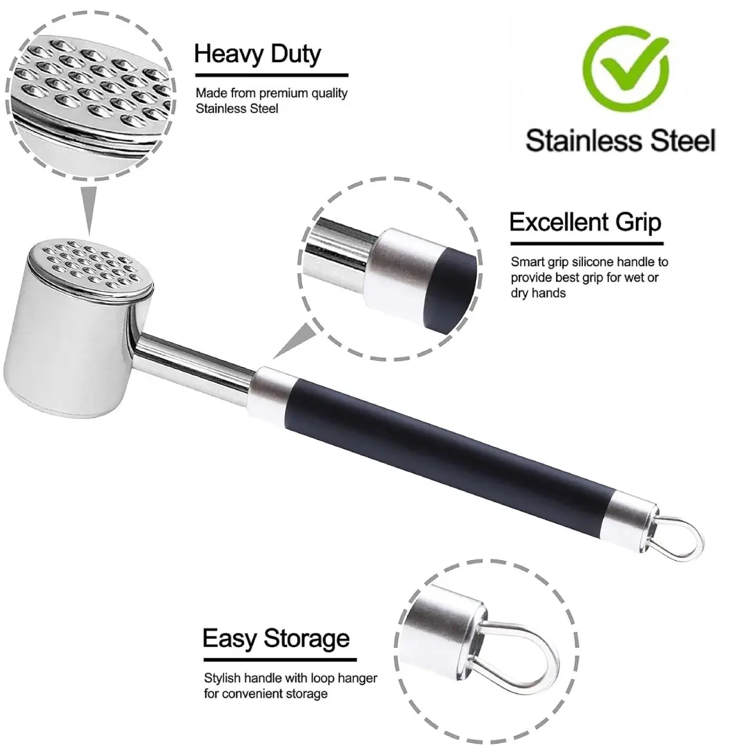 Stainless Steel Meat Tenderizer Hammer - Heavy Duty Dual-Sided Meat Mallet for Pounding & Flattening Steak, Beef, Chicken, Pork & Poultry - Professional Kitchen Tool - 100% Dishwasher Safe, Non-Slip Grip Handle, Rust-Proof, 15oz Balanced Weight Pounder