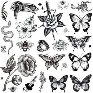 8 Sheets Large Black Tattoos for Women Girls Butterfly Snake Bee Swallow Flowers Scorpion Fake Tattoos Realistic Adult Classic Tattoos