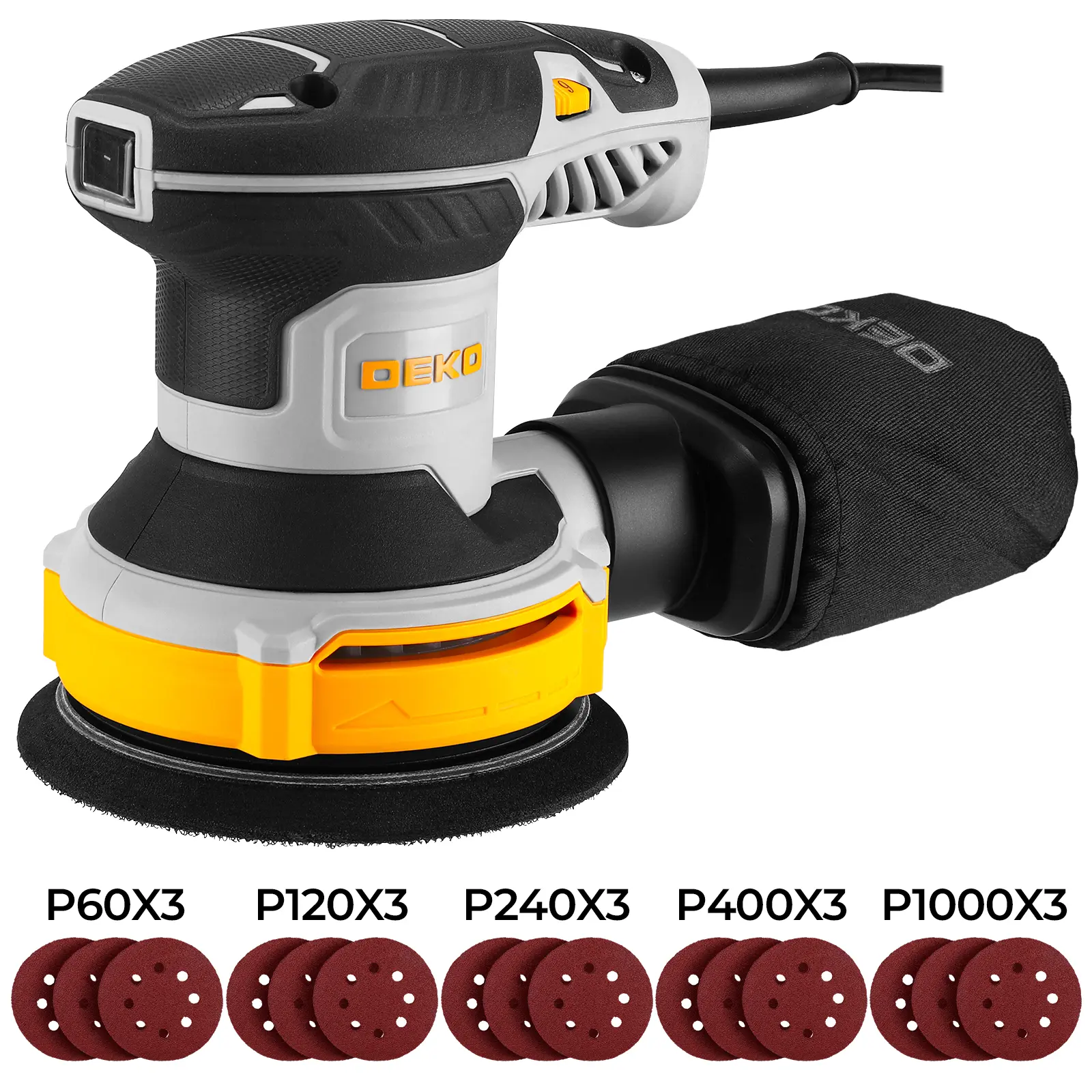 DEKOPRO 5-Inch Random Orbital Polishing Machine, High Speed Polisher Electric Power Tool with 14000 RPM Max Adjustable Speed, 16 Included Sandpapers, High-Performance Dust Collector - For Woodworking, High Speed Polishers