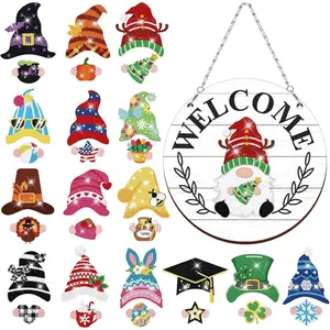 Interchangeable Wooden Gnome Decor Holiday Seasonal Gnome Sign Decorations with Magnet Pieces and Detachable Hats Changeable Welcome Sign for Home(Simple Style)