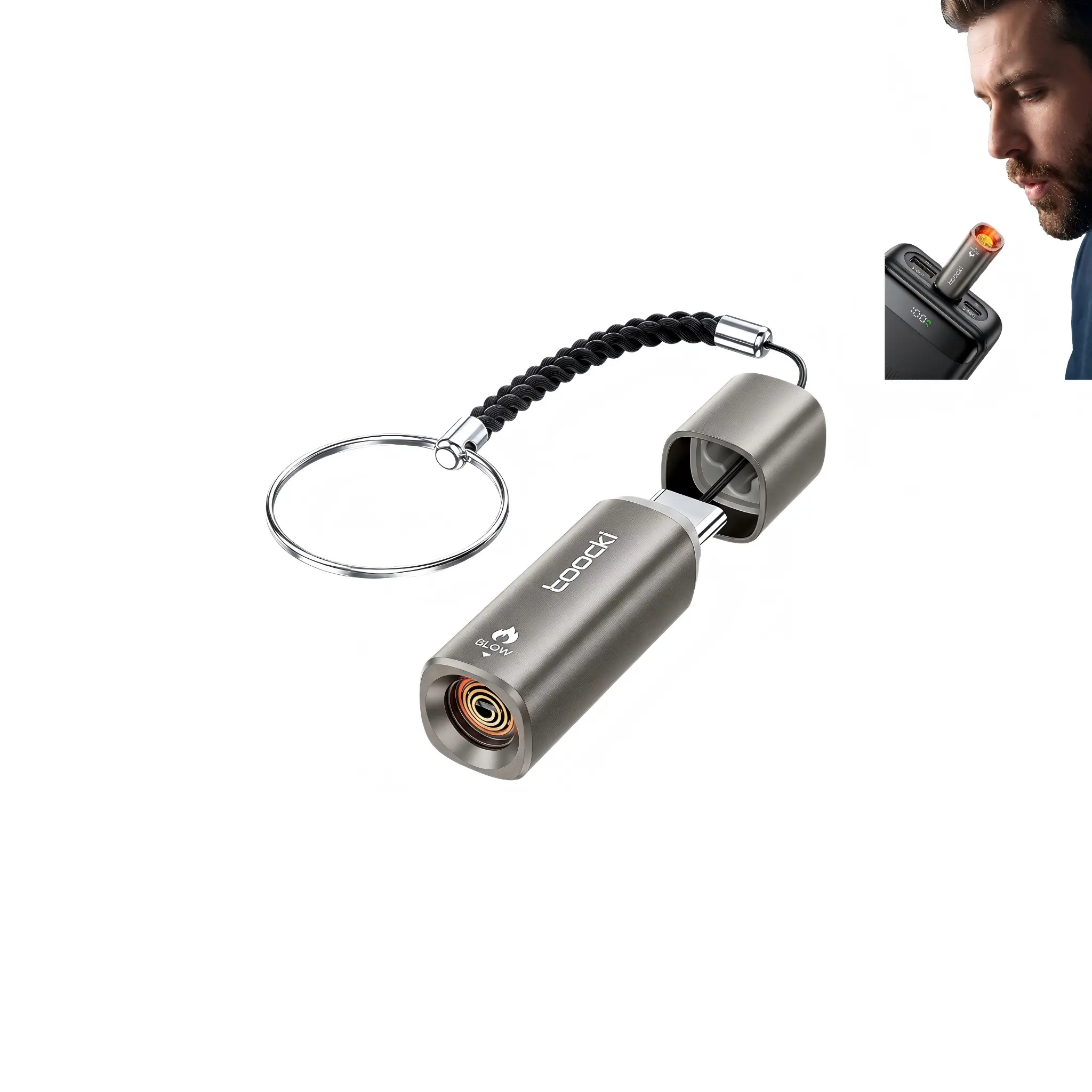 Blow-Activated Windproof Lighter | USB-C Powered Flameless Coil Lighter | Mini Keychain EDC Lighter for Outdoor Camping
