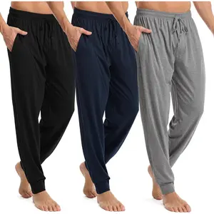 3 Pack Mens Cotton Jogger Pajama Pants Comfy Lightweight Lounge Sleep Pants for Men with Pockets & Drawstring