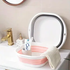 Large Portable Collapsible Wash Basin - Rectangular, Durable Plastic, Pink & White - Ideal for Travel, Dorms & Home Use with Easy Storage Towel