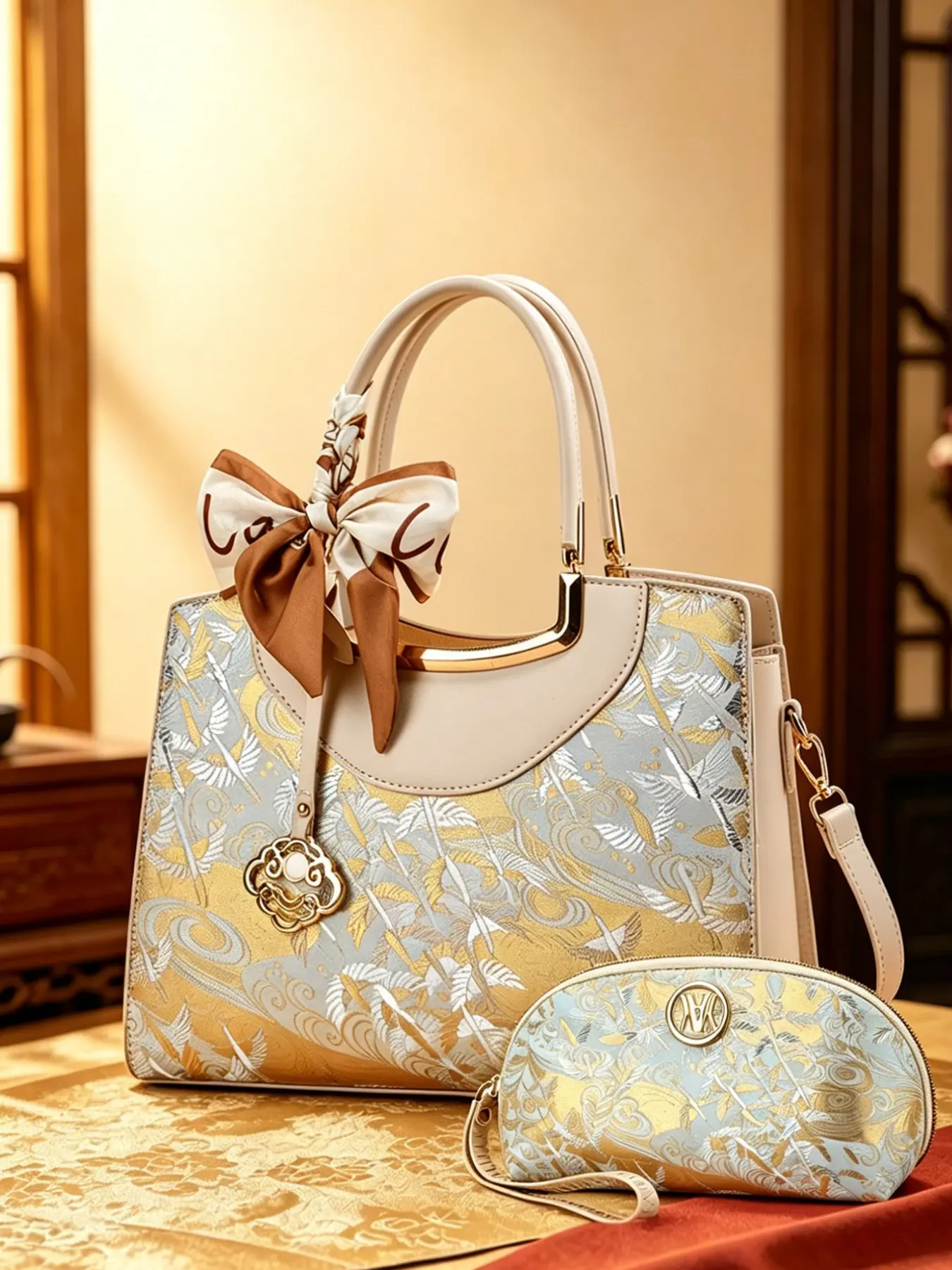 Women's Oriental Crane Jacquard Handbag Set, Elegant Crossbody Purse with Twilly Scarf, Cosmetics Pouch & Cloud Charm, Vintage Style