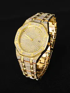Couple Hip-Hop Quartz Watch, Luxury Sparkling Diamond Dial, Unisex Gift, Daily Wear Accessory, Round Analog Face, Organic Glass Case, Rhinestone Watches