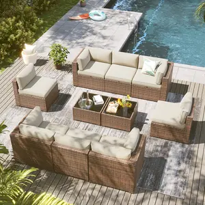 Aoxun 10-Piece PE Wicker Rattan Outdoor Furniture Set with Coffee Table, Waterproof Cover, Cushion, 3-Package Shipping, Weatherproof Conversation Set for Backyard, Beige&Blue Patio Sofa Set Patio Sectional Set tiktokshopspringglowup