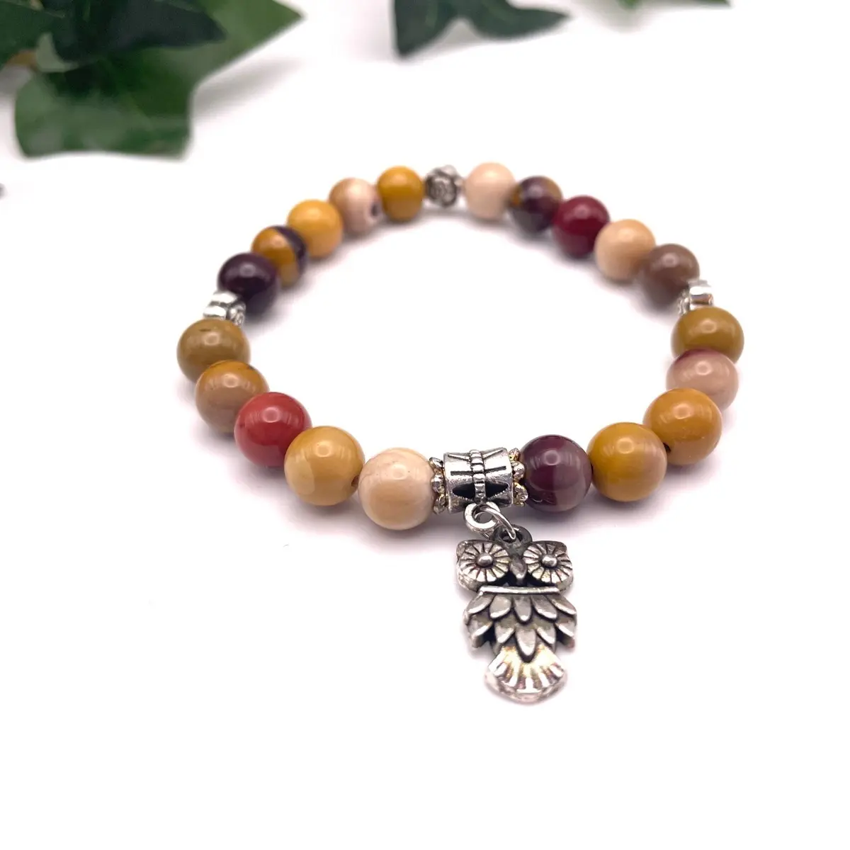 Beautiful Mookaite Jasper Crystal 8mm Stretch Bracelet with Owl Charm