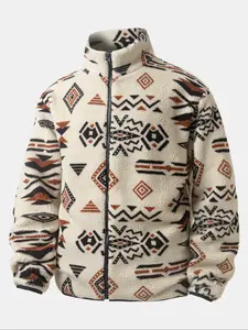 Men's Ethnic Style Fleece Jacket Coat, Casual Fashion Coat, Zipper Design, Loose Fit, Fall & Winter Wear, Casual Men's Clothing, Christmas Gift Idea
