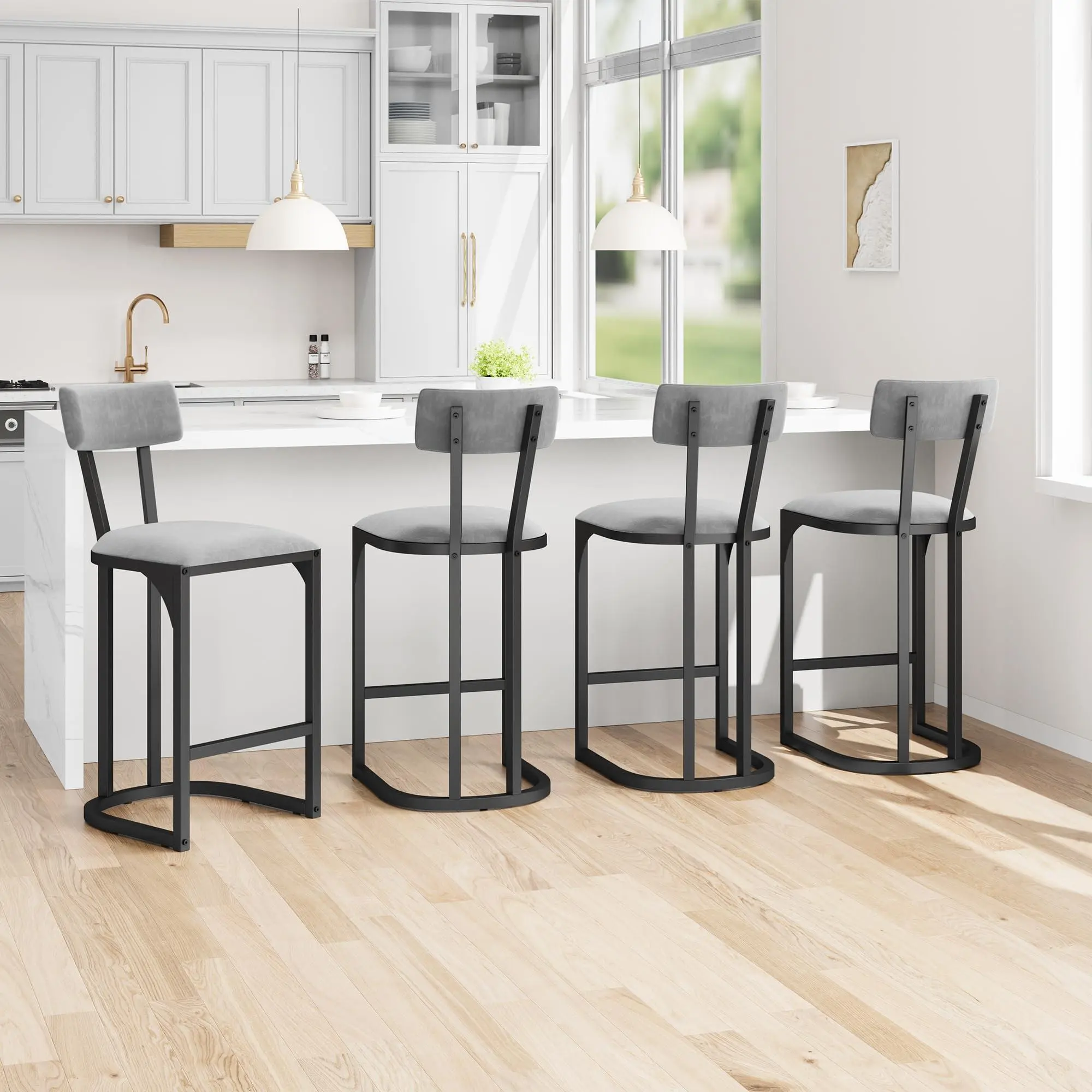 Gaomon 4-Piece Counter-Height Upholstered Barstool Set, Metal Frame with Padded Seats & Back, DIY-Friendly for Dining Room & Kitchen Island (Gray)