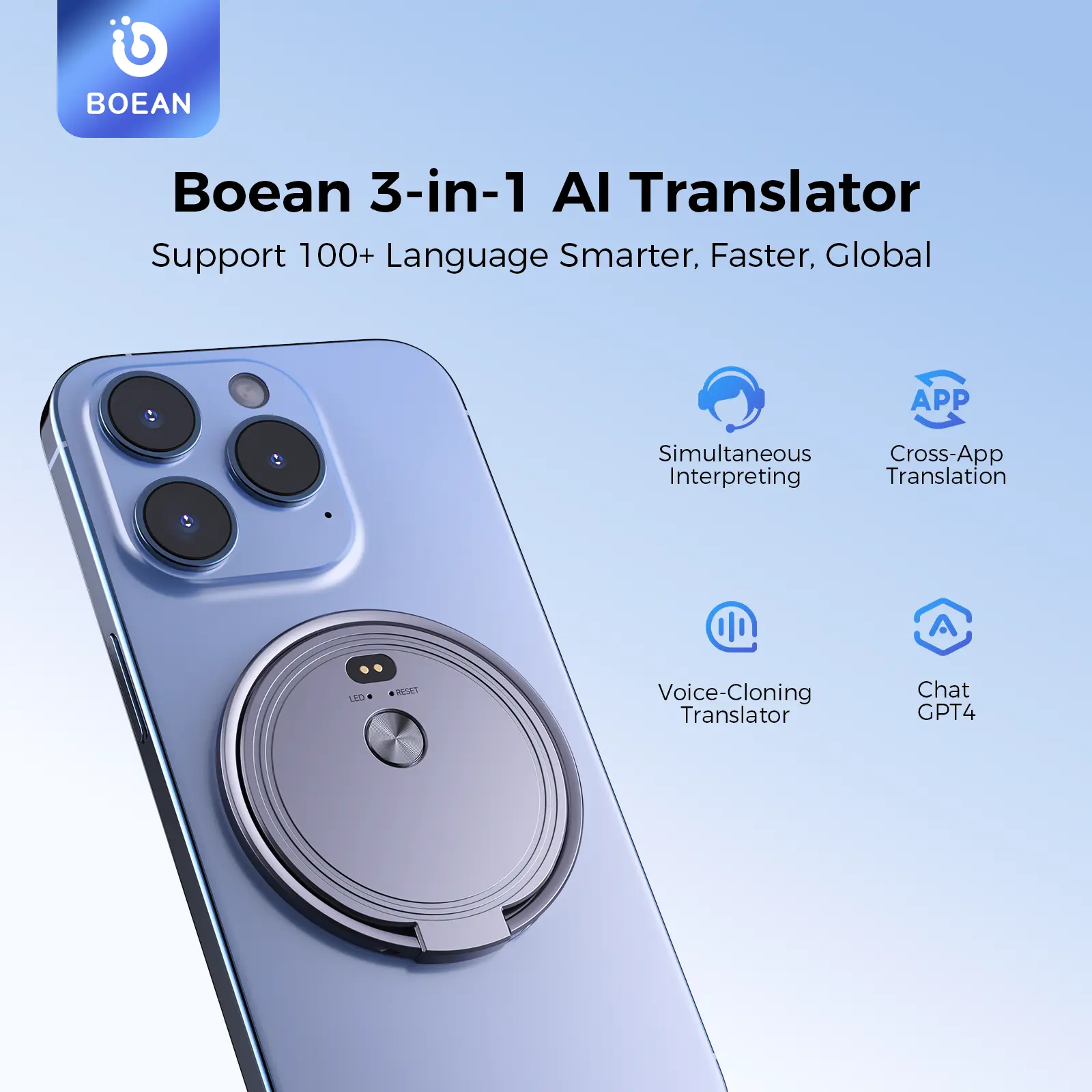 Boean 3-in-1 Portable Al Voice Translator-Support 100+ Language Smarter, Real-time translation, cross-app translation, phone holder, Cross App Translation, Audio Recording, GPT-5