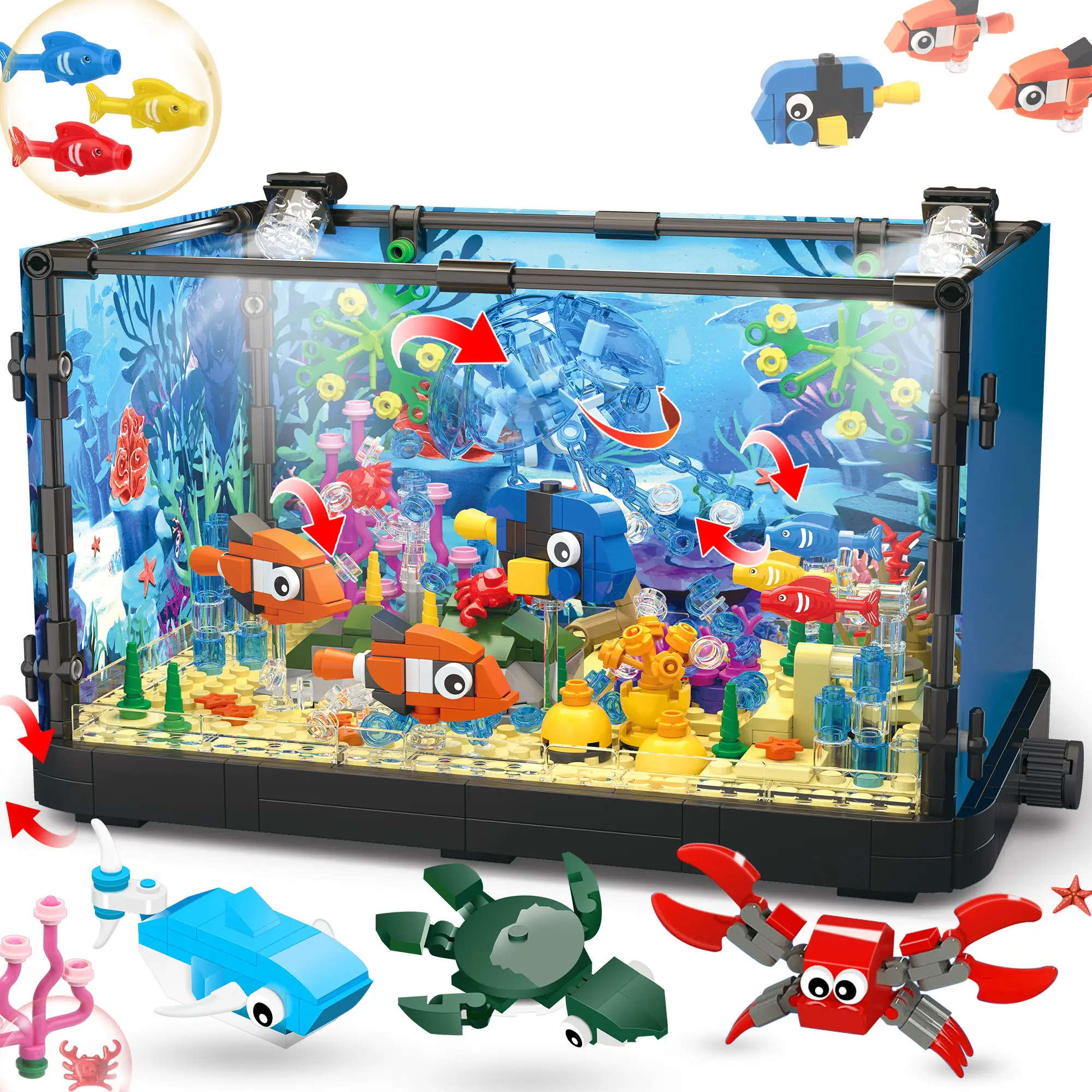 TOKMOC 788 Pieces,Lighting Aquarium Fish Tank Building Block Set,Including Ocean Jellyfish, Dolphin,Turtle, Crab,Sea Creatures Animal Building Gift Toys,Stem Projects,Home Decoration,For Aged 12 and Above,Stress Relief Toy,66003