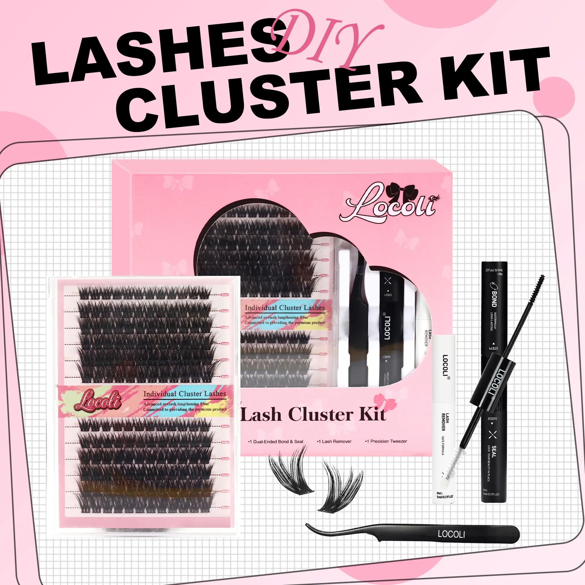 LOCOLI DIY Lash Cluster Kit, All-in-1 Cosmetic Set for Beginners, Long-Lasting & Waterproof with Bond, Seal & Remover, Salon, Gentle, Lash Clusters Kit