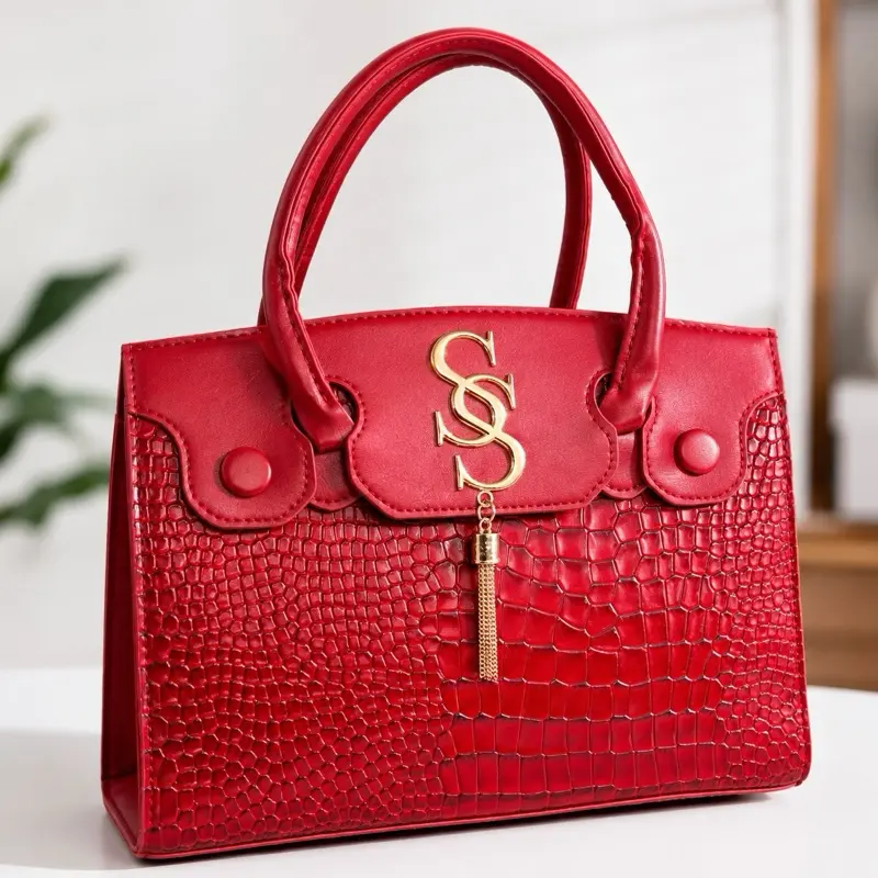 Red Crocodile Embossed Handbag