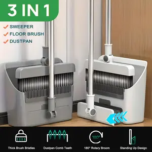 3 in 1 Broom and Dustpan Set with Adjustable Push Broom with 48.8“ Long Handle for Floor Sweeping Outdoor Indoor Sweeping Combo for Home & Kitchen