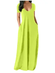 Women's Summer Dress, Plus Size Deep V Neck Casual Wear Loose Fit Short Sleeve Vest Dress with Pockets, Beach Long Party Dress