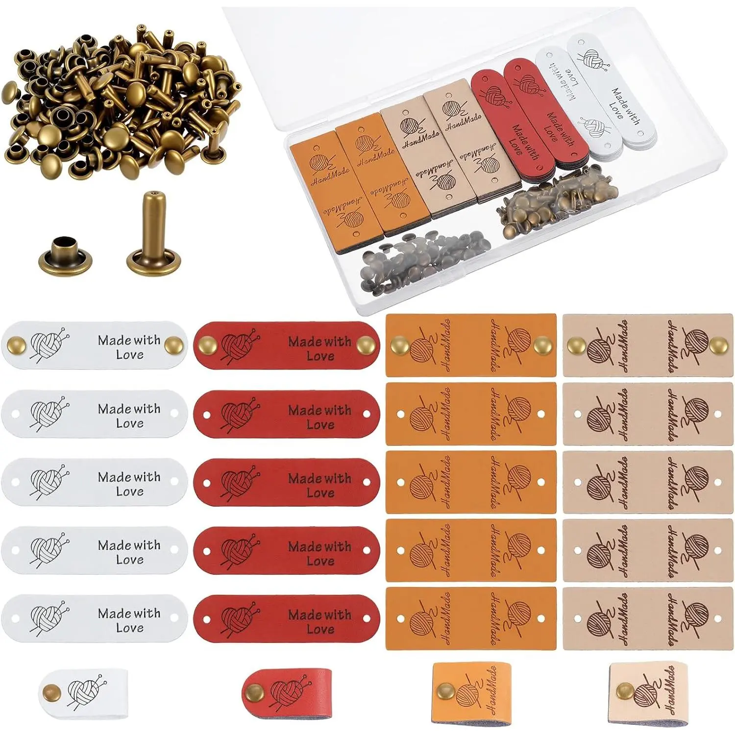 40 count Leather Tags for Crochet Items, Personalized  Tags with Rivets Made with Love Tag Sewing Labels for DIY Crafts Sewing Crocheting Knitting Accessories (4 Colors)