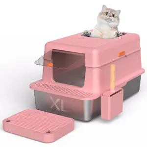 Stainless Steel Litter Box with Lid Extra Large Cat Litter Box XL Top Entry High Sided Enclosed Pink Litter Box Anti-Leakage Easy Cleaning Non-Sticky