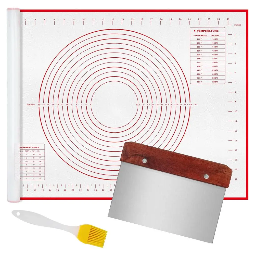 3 PCS Silicone Pastry Mat for Rolling Dough With Brush & Dough Scraper, Extra Large 20''×27.5'', Silicone Baking Mat, Non Stick Dough Kneading Cutting Mat with Measurement for Fondant Pie Bread Cookie