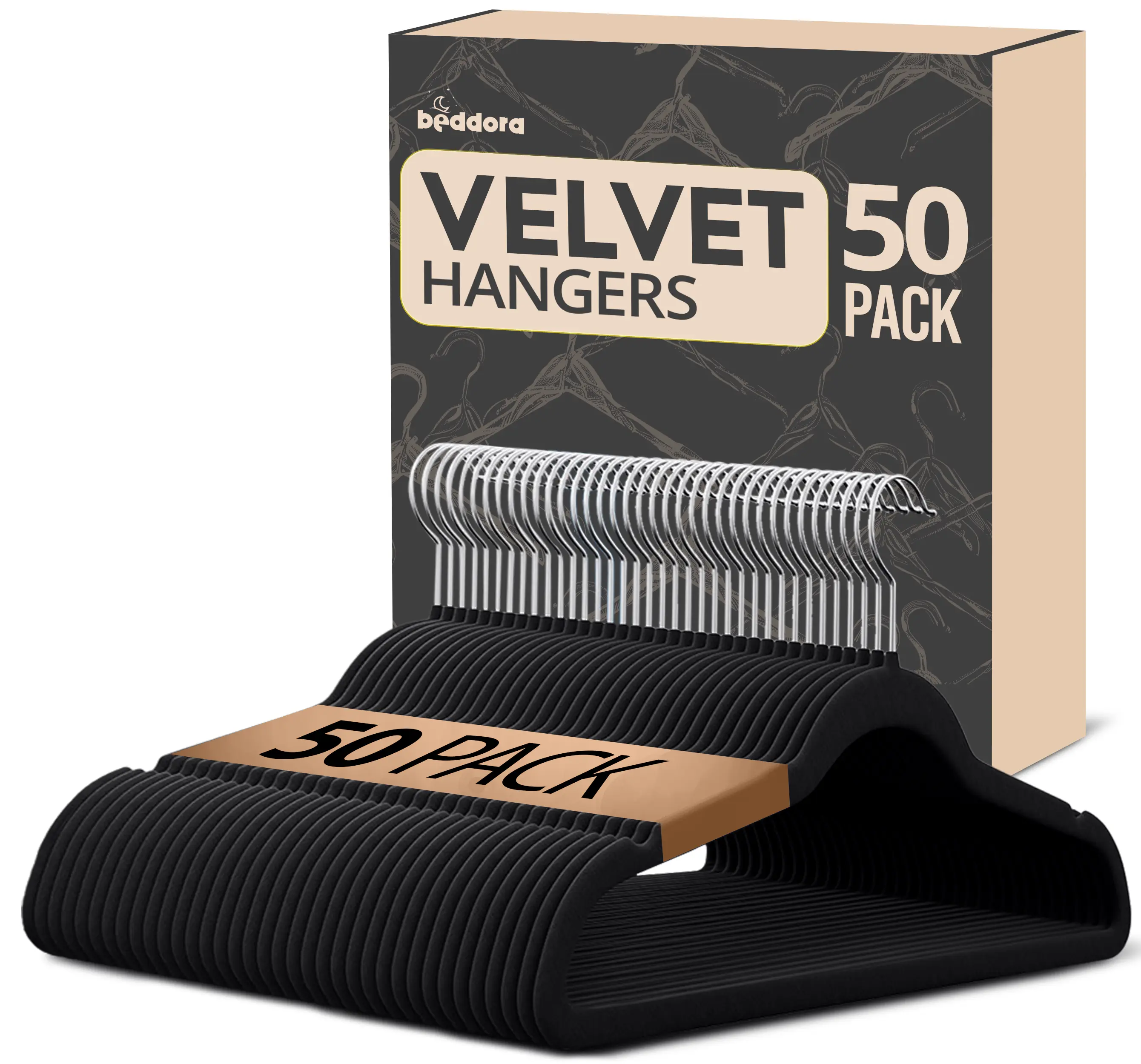 Beddora Velvet Hangers 50-Pack,Black Non-Slip Slim Space-Saving Closet Organizer, Suit & Coat Hangers, Heavy-Duty, 360° Swivel Hook