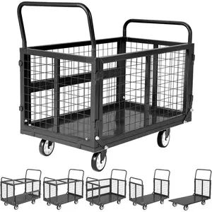 Heavy Duty Platform Truck Cart with Removable Cage, 2000LB Capacity Folding Flatbed Cart with Detachable Side & Top Panels, Heavy Load Utility Dolly for Warehouse, Moving & Transport