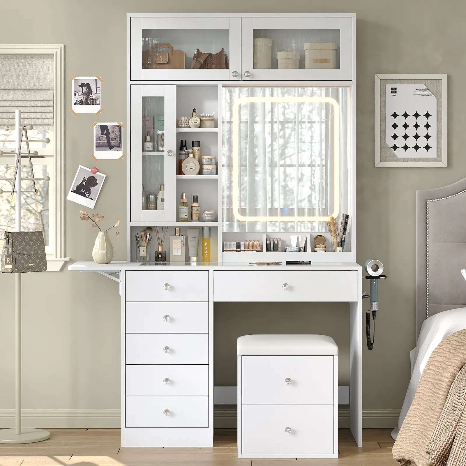 FUSOU 72in Sturdy Vanity Desk with Backlit Mirror, Glass Top, Built-in Charging Station, Drawers, Storage Stool, White Bedroom Dressing Table - Gift for Mom,dorm essentials,home decor