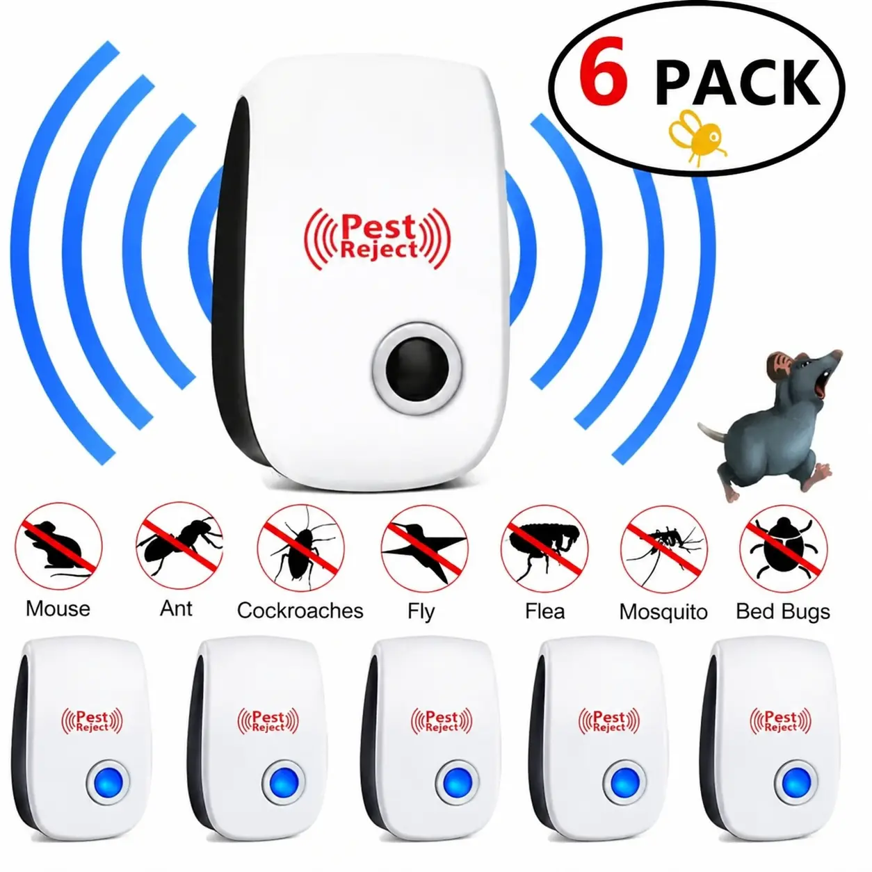 6-Pack ABS Plastic Ultrasonic Pest Control Repeller - Plug-in Electronic Indoor Repellent, DEET-Free Family-Friendly, Anti-Cockroach, Bug Control, Rat & Mouse Repellent, Mosquito, Fly, Flea & Ant Deterrent for Bedroom, Playroom, Anti Cockroach Indoor Inse