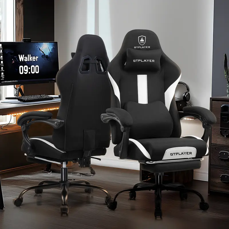 【Totally revamped!】 Better than ever! Gaming Chair Breathable Fabric Computer Chair with Pocket Spring Cushion, Ergonomic Computer Chair with Footrest, Lumbar Suppport