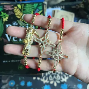 Santa Muerte/ Nudo de Bruja Adjustable Bracelet with Metal Plated Gold, Unisex, Adjustable Strap