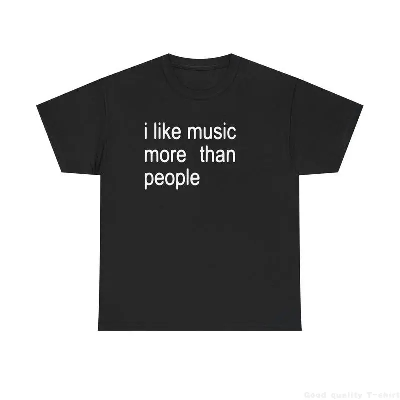 Women's Classic Loose Round Neck Short Sleeve Graphic Tee - Funny "I Like Music More Than People" Sarcastic Introvert Gift Clothes