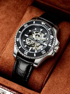 Men's Classic Vintage Automatic Mechanical Watch, Luminous Hands Leather Strap, Business Casual Wristwatch, Anniversary Christmas Gift, Stainless Steel Wristwatch