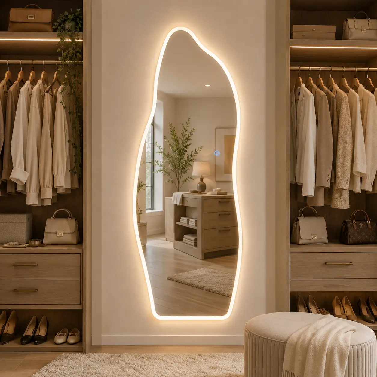65x25 in Wall-Mount Sculptural Irregular LED Full-Length Mirror, Modern Home Decor with 3 Light Colors, Touch Dimming, Tempered Glass for Bedroom, Closet