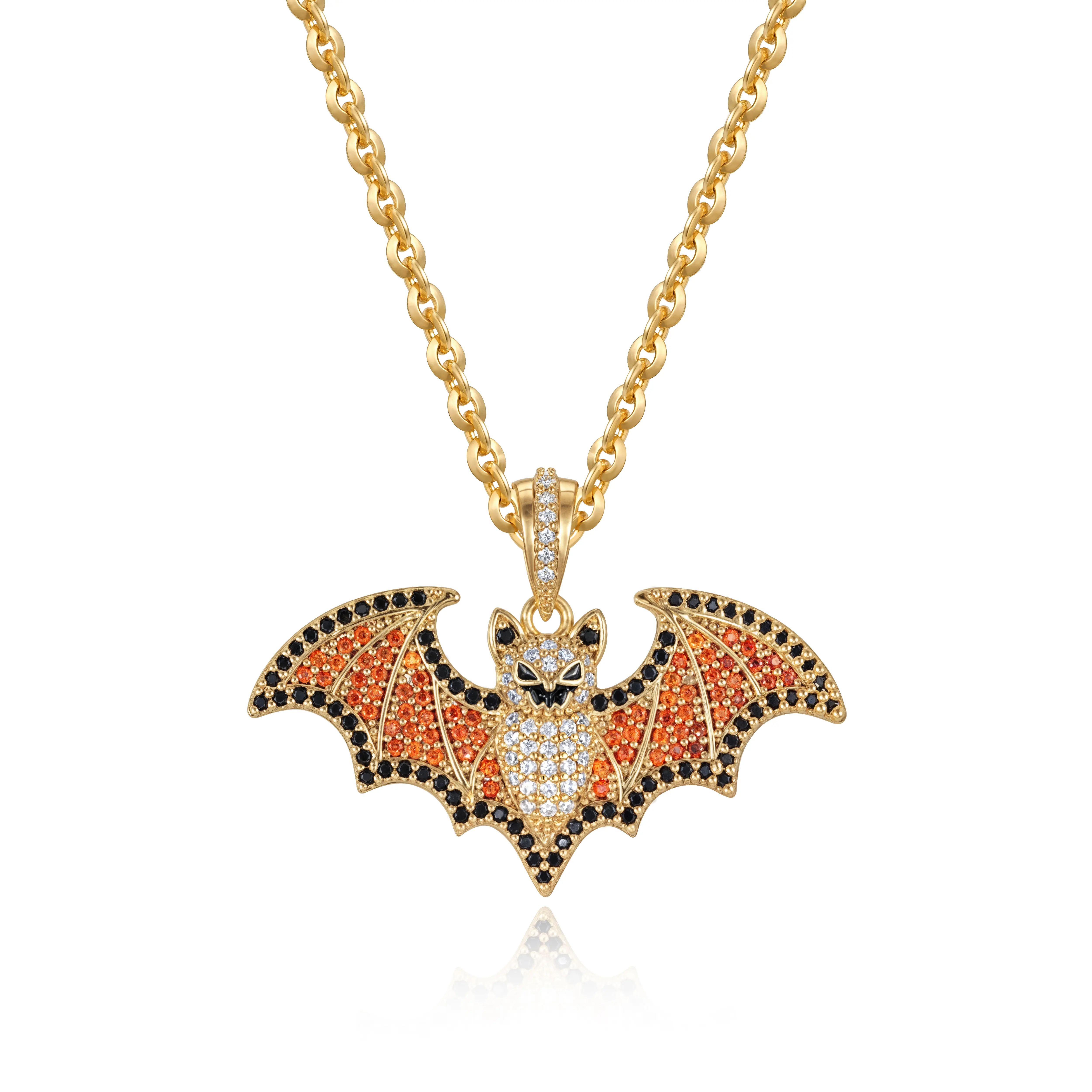 Fettero Women's Gold-Plated Gothic Bat Necklace - Multi-Color Crystal Bat Wing Pendant with Black, Orange, White Cubic Zirconia Artificial Gemstone Jewelry, Cubic Zirconia Necklaces, Elegant Artificial Gemstone Necklaces & Pendants