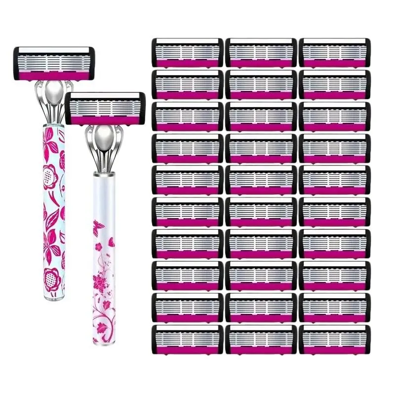 1 manual razor, European style, women's hair remover, comes with 2 razor handles and 30/60replacement cartridges, non-slip design, for daily shaving and hair removal, Daily Shaving Tool