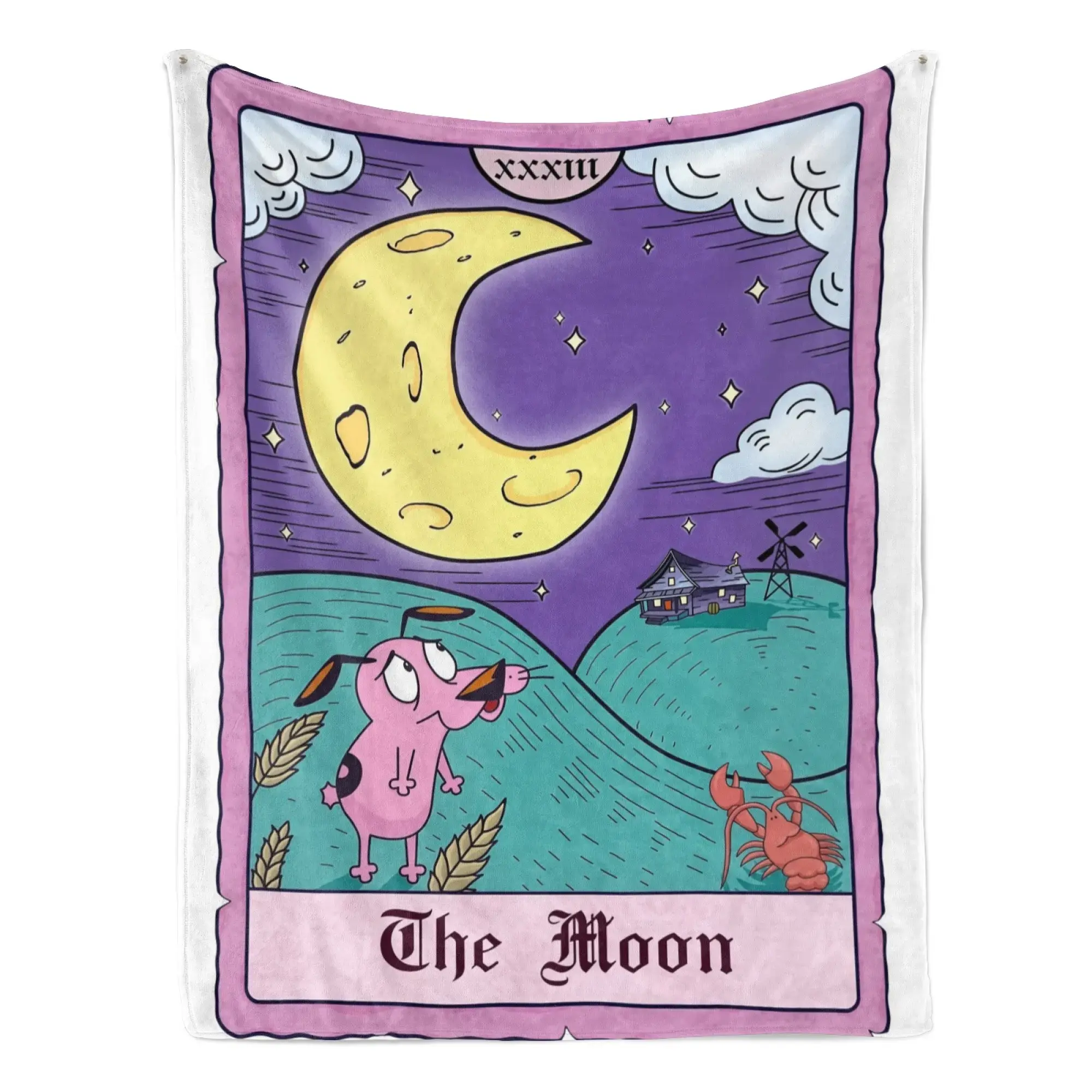 Courage the Cowardly Dog The Moon tarot card flannel plush blanket - The unique and imaginative tarot card style design, with courage under a glowing crescent moon, combines the retro cartoon charm with the mysterious resonance.