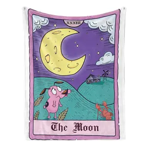 Courage the Cowardly Dog The Moon tarot card flannel plush blanket - The unique and imaginative tarot card style design, with courage under a glowing crescent moon, combines the retro cartoon charm with the mysterious resonance.