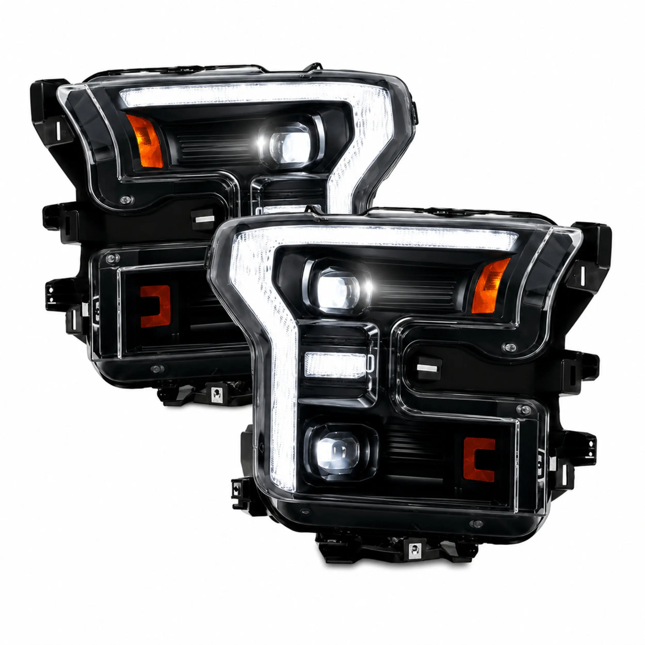 LED Dual Projector Headlights Assembly for 2015-2017 Ford F-150 - Patented Optics, Smoked Housing, C-Shaped DRL, Switchback DRL, Turn Signal Sync, Aluminum Base, Plug-and-Play