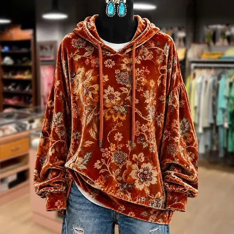 CHERRYBETTY Retro Floral Print Long Sleeve Velvet Hoodie Top Fall Fashion Outfit Inspo Falloutfits Essential Comfort Going Out Tops Everyday Hoodies Woman