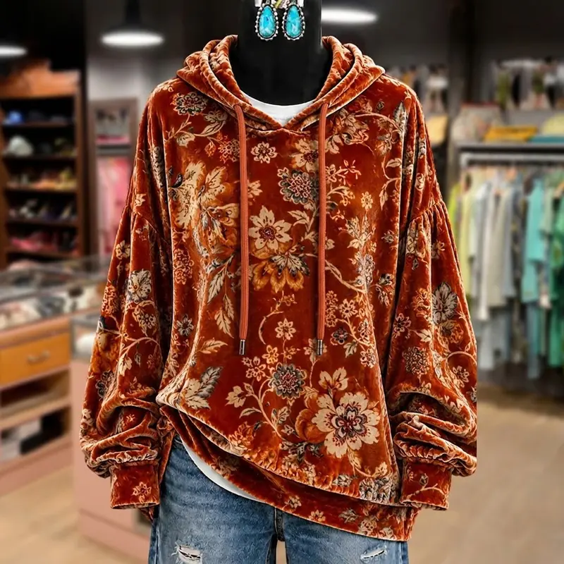 CHERRYBETTY Retro Floral Print Long Sleeve Velvet Hoodie Top Fall Fashion Outfit Inspo Falloutfits Essential Comfort Going Out Tops Everyday Hoodies Woman