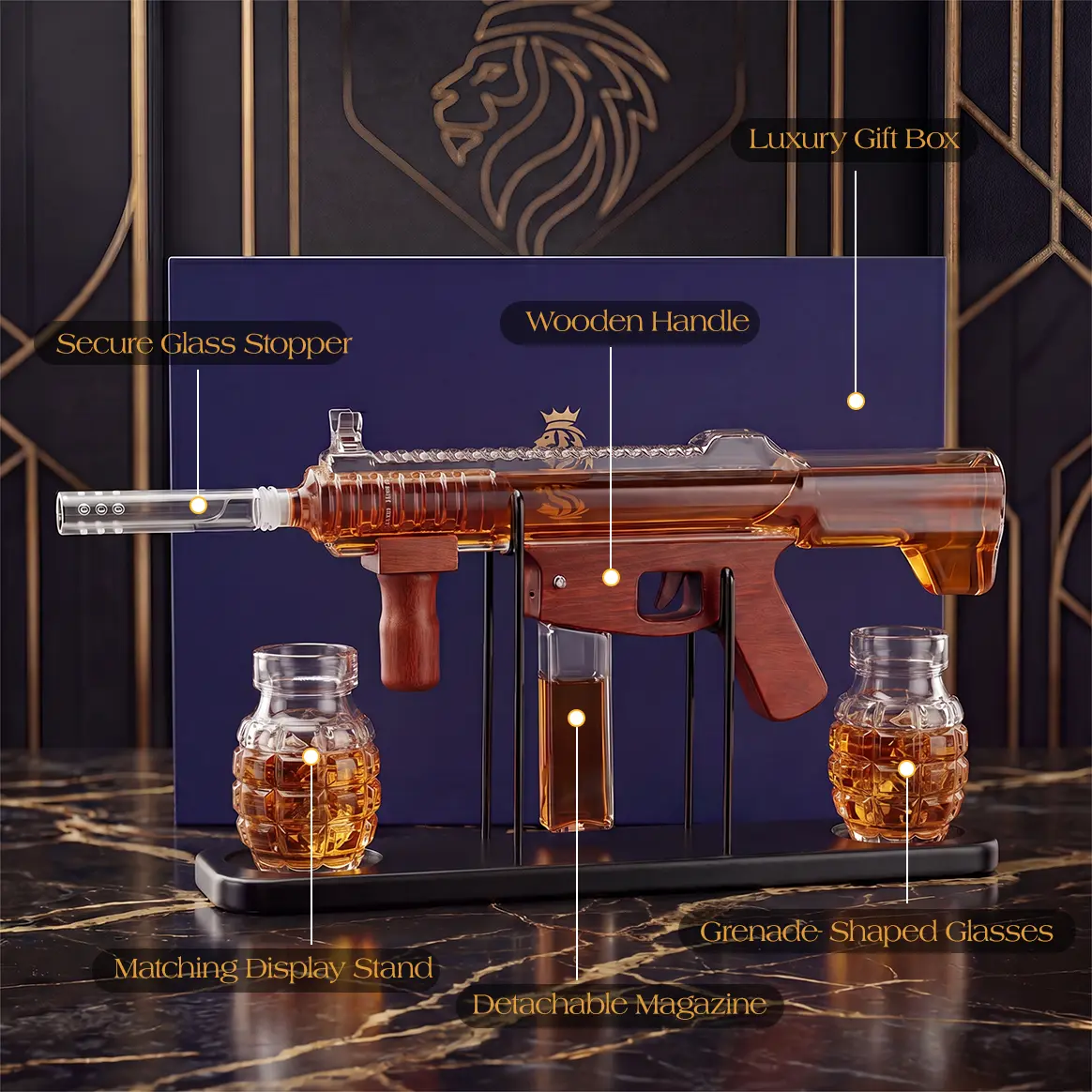 Man Cave Bar accessories,Kollea Whiskey Decanter Bottle Set with Premium Gift Box,Detachable Liquor Glassware with Bullet-Shaped Cups,Empty Decanter,No Alcohol Included,Cool Anniversary&Birthday Gifts for Him,Husband,Military Home Bar Utensils,sohochic