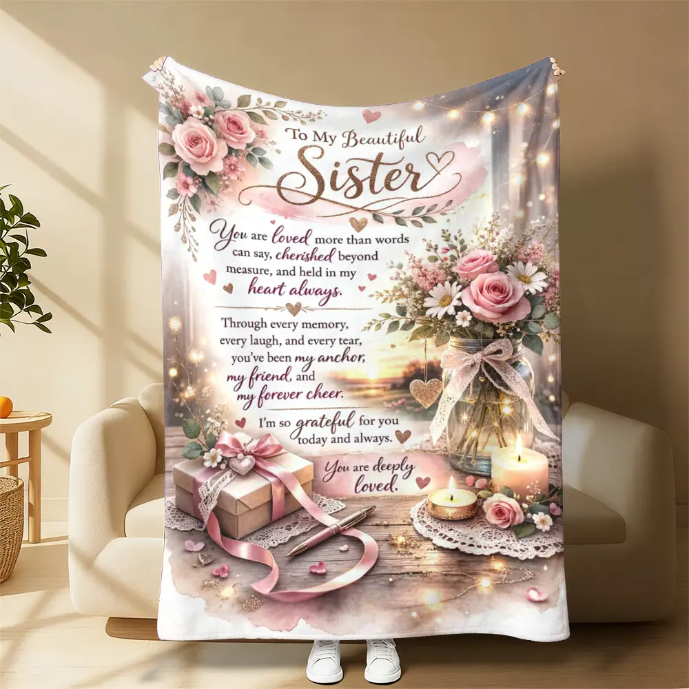 To My Beautiful Sister Quote Blanket, Sentimental Sister Message Print Fleece Throw Blanket, Pink Rose Candle Floral Art Blanket For Sofa Bed Nap Couch Use, Indoor Warm Throw Home Decor, Birthday Graduation Xmas Gift For Sister Sibling Family Keepsake
