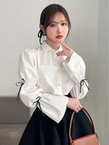 Women's Elegant Fitted Long Sleeve Shirt Blouse with Single Button Front and Bow Tie Decor, Plain Color Office Wear Top for Daily Use