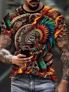 Men's Summer Casual Streetwear Looks Creative Fashion 3D Digital Print T-Shirt, Casual Style Tee, Sporty Long Sleeve Fitted Tee, Ethnic Striped Geometric Design, All Seasons Wear