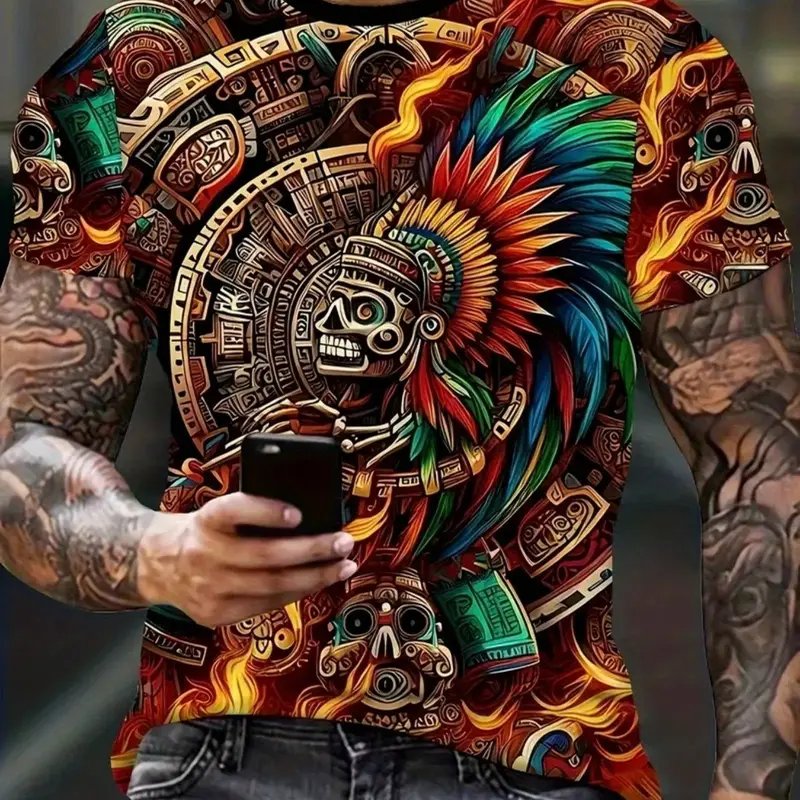 Men's Summer Casual Streetwear Looks Fashionable Casual Creative Fashion 3D Digital Print T-Shirt, Casual Style Tee, Sporty Long Sleeve Fitted Tee, Ethnic Striped Geometric Design, All Seasons Wear