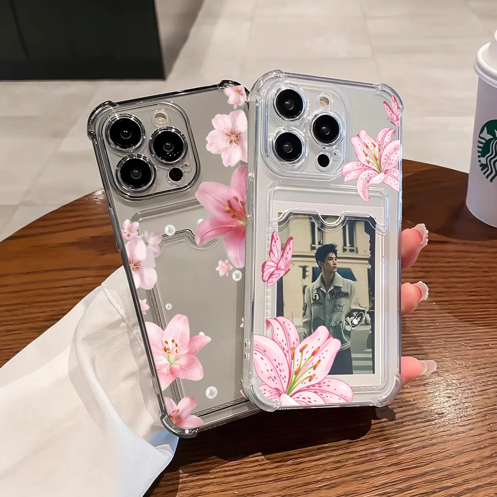 Clear Photo Card Holder Phone Case for iPhone  17Pro Max Air 16Plus 15 14 13 12 11 cases, Cute Floral & Butterfly Aesthetic Protective Cover, Shockproof TPU, Shockproof Drop, Protection Durable, Gifts for girls.JL96-2