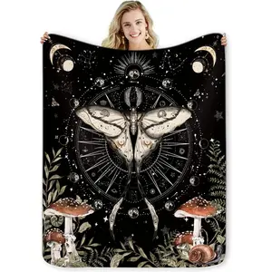 Moth Mushroom Gothic Flannel Blanket Mysterious Moon Phase Gothic Night Soft Blanket Sofa Office Throw Birthday Gift A multi-functional and beautiful blanket suitable for decoration, use and as a gift. Add some fun to your home