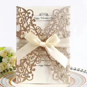 New 50pcs, With Bow Laser Cut Invitation Card, Envelopes Greeting Cards, Wedding Engagement Marriage Christening And Baptism Favor Party Decor Supplies, Bronzing Greeting Card, Blessing Card, Commemorative Card, Anniversary Message Car