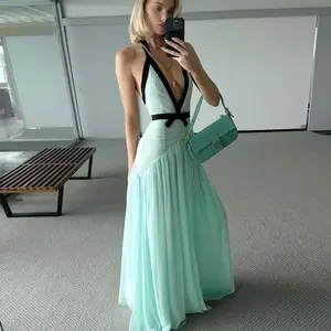 Women’s Semi-Sheer Mesh Halter Neck Sleeveless Maxi Dress, 2025 Fall New Arrival, Contrast Color Slim Fit A-Line Ruffled Hem, for Beach Holidays, Vacations, Sun or Night Parties, Clubs, and Dating Outfits