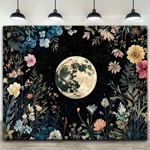 2D plan, 1 piece, gorgeous moonlight garden tapestry, colorful floral wall decoration, black background, suitable for Bohemian style room decoration, Wall Hanging Tapestry